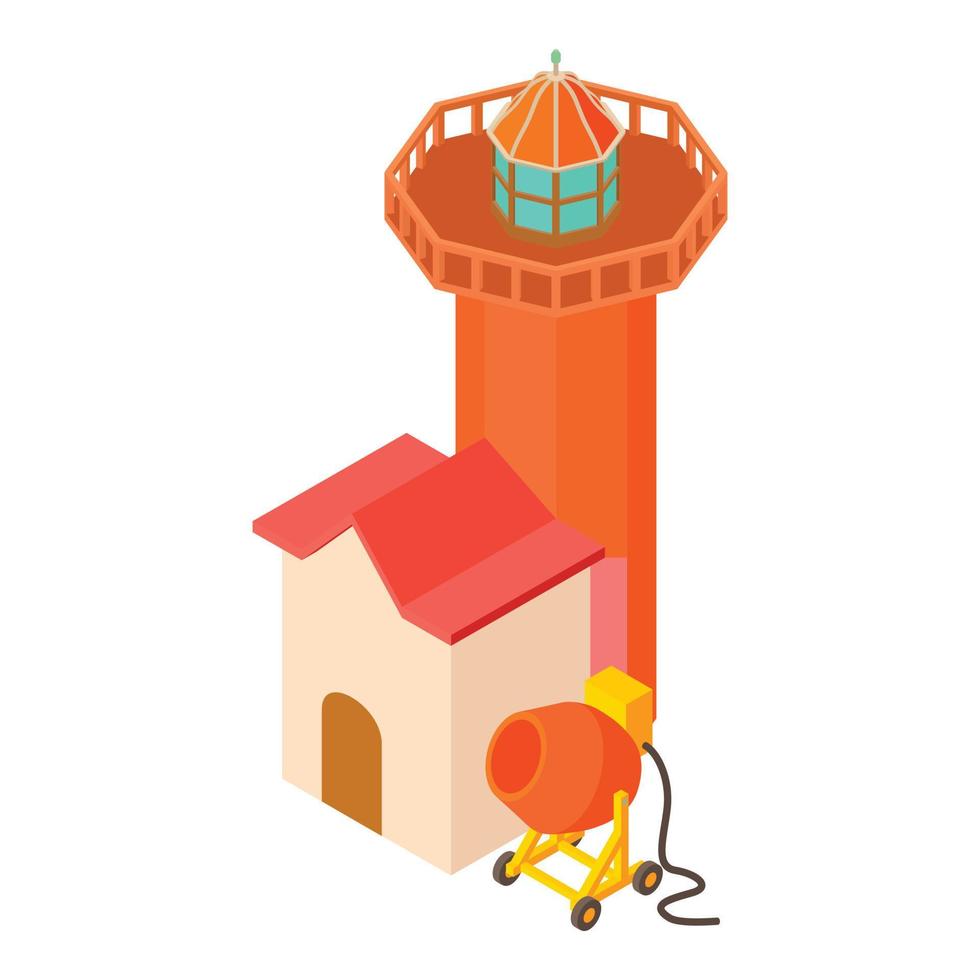 Lighthouse renovation icon isometric vector. Electric concrete mixer near beacon vector