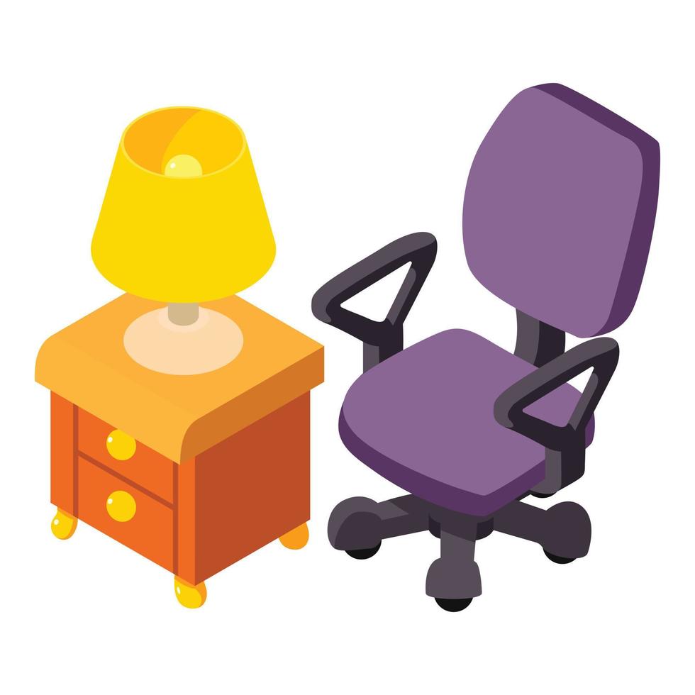 Furniture icon isometric vector. Bedside table with night light and office chair vector