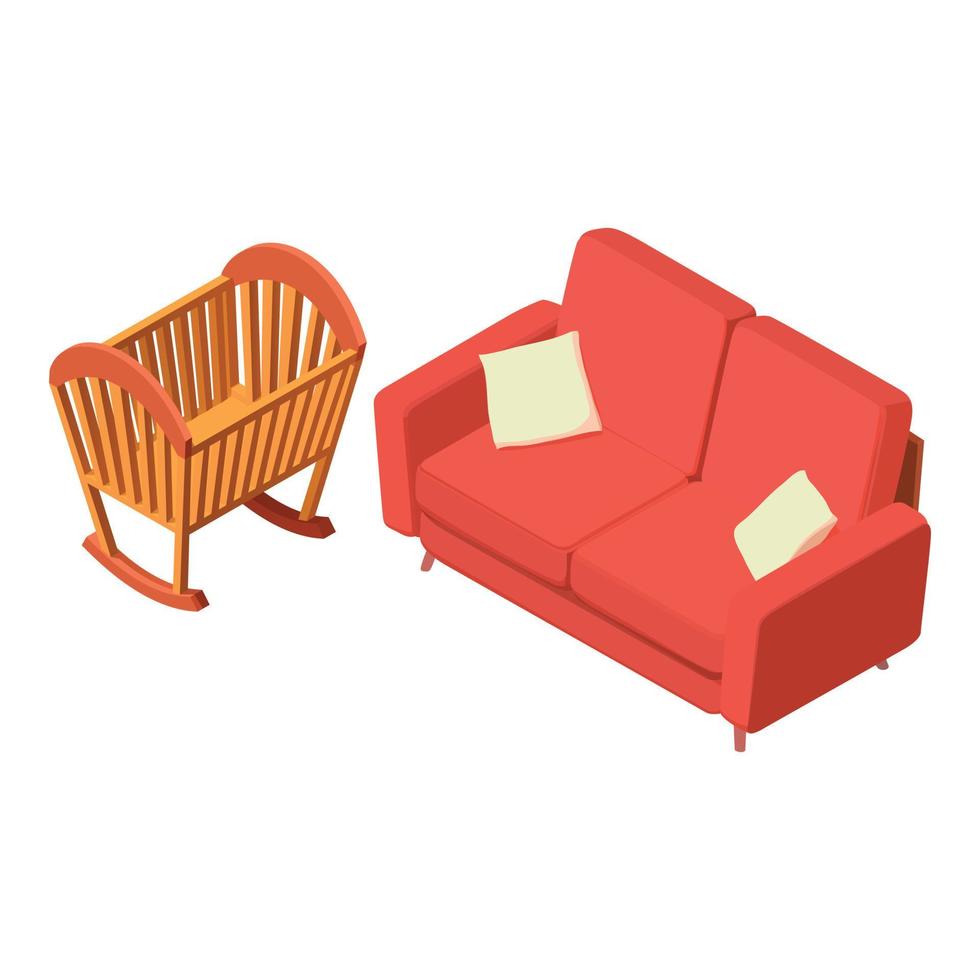 Baby furniture icon isometric vector. Wooden cradle and red sofa with cushion vector