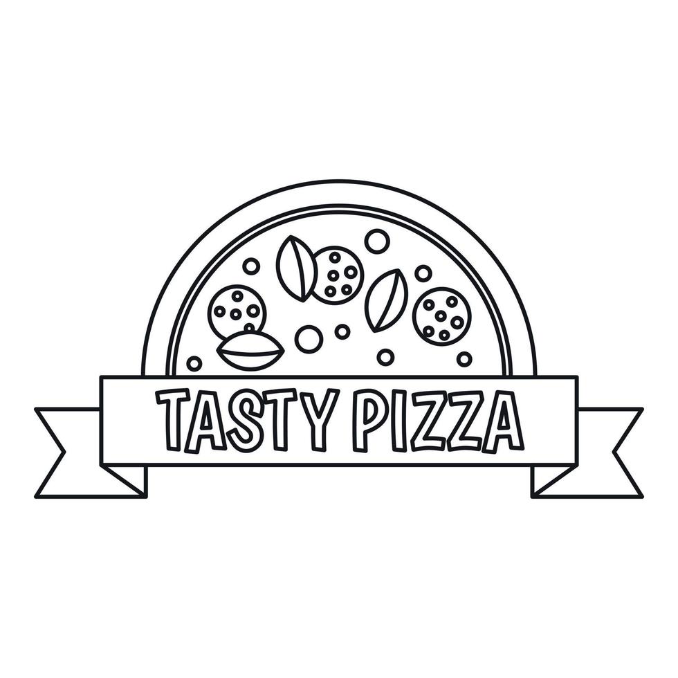 Tasty pizza badge with ribbon icon, outline style vector