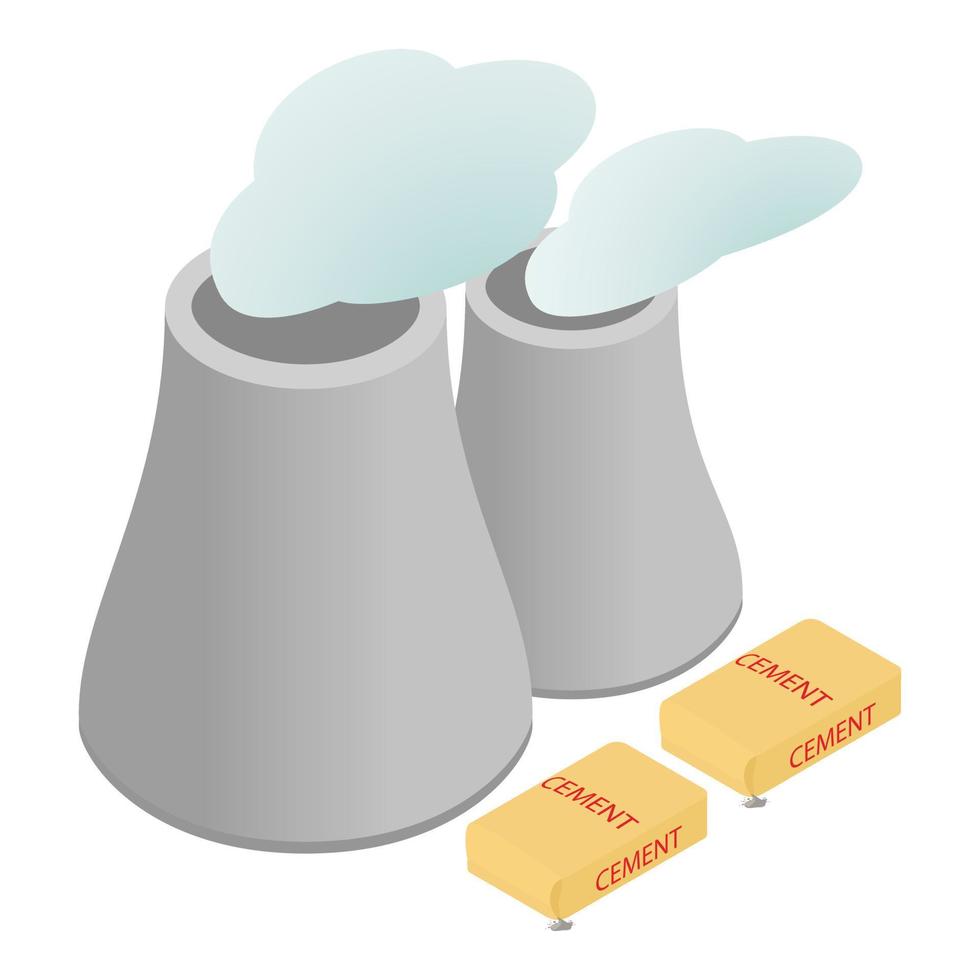 Industrial production icon isometric vector. Two cooling tower and cement bag vector