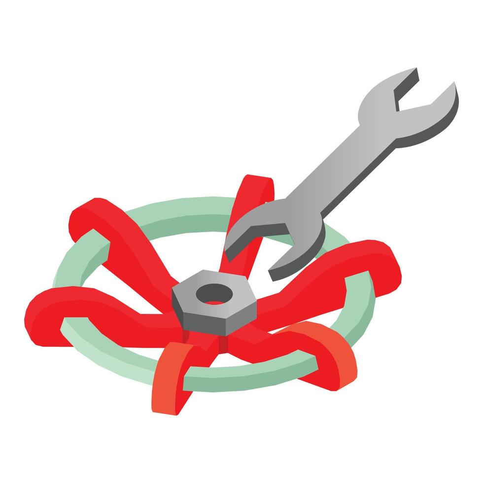 Repair equipment icon isometric vector. Shutoff valve spanner and metal nut icon vector