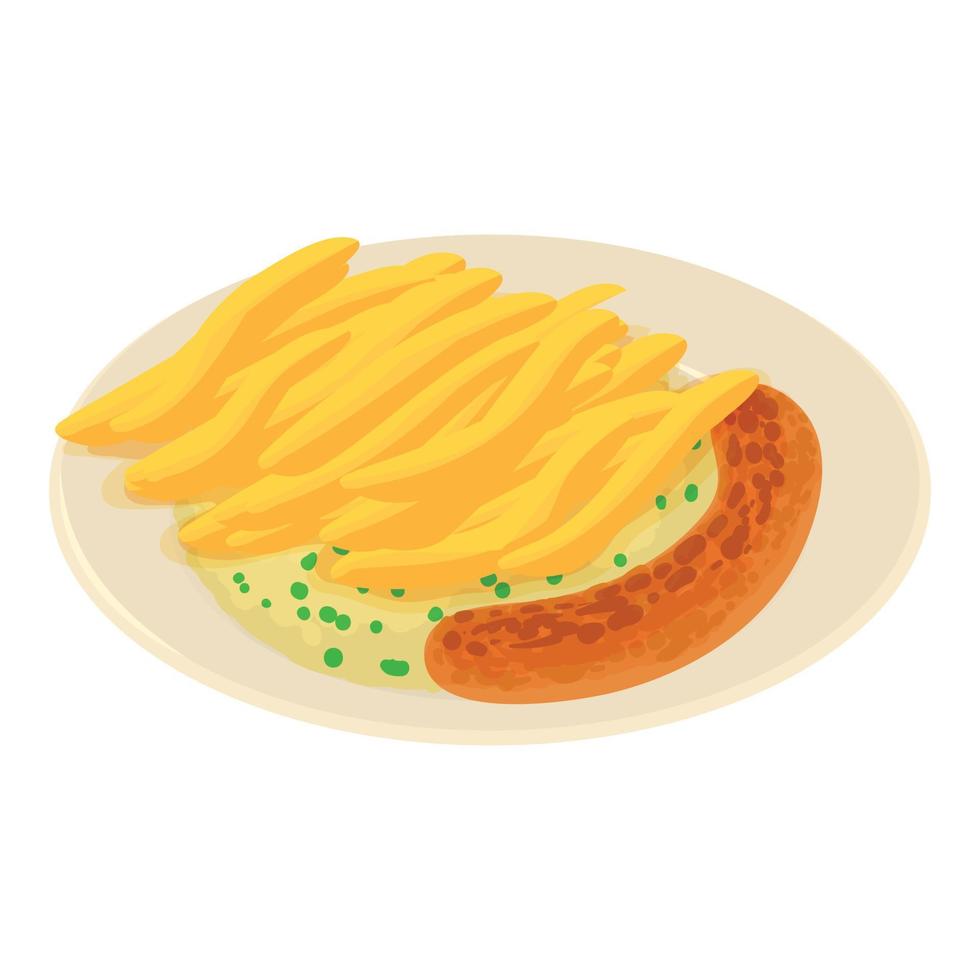 Belgian breakfast icon isometric vector. Fried sausage and fries on white plate vector