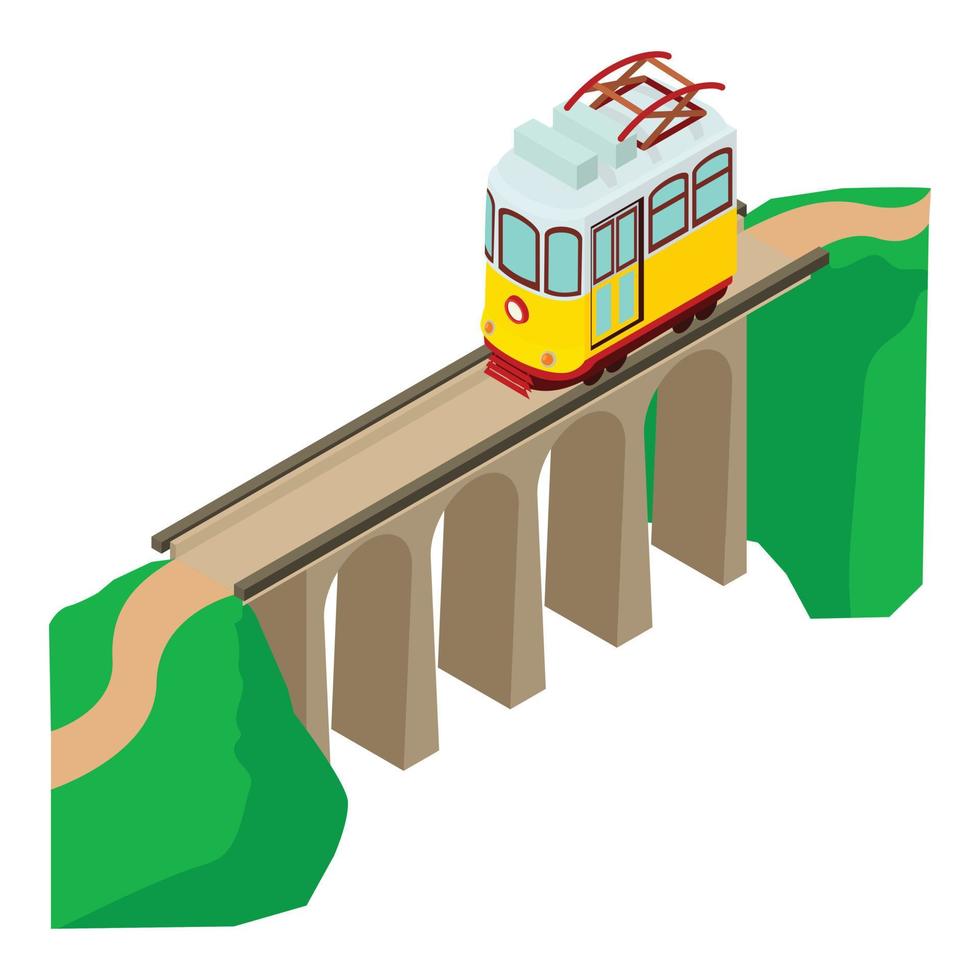 Portugal transport icon isometric vector. Yellow vintage tram ride over bridge vector