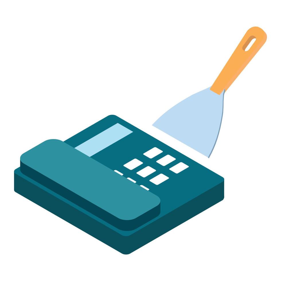 Renovation service icon isometric vector. Push button landline phone putty knife vector