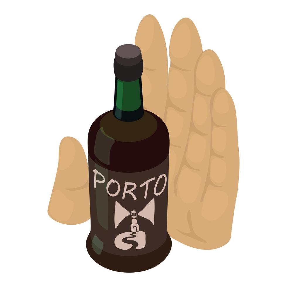 icono de bebida tradicional vector isométrico. botella de vino de Oporto en el icono de la mano humana