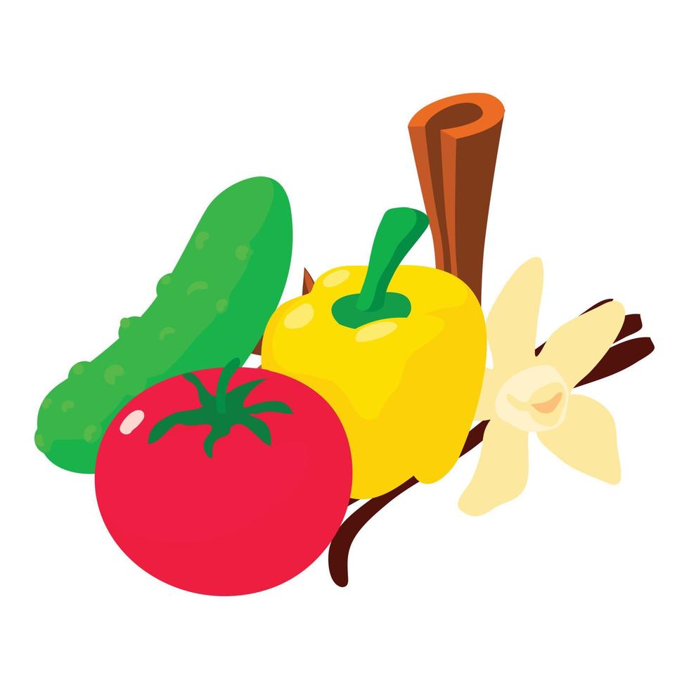 Fresh food icon isometric vector. Cucumber tomato pepper cinnamon and vanilla vector