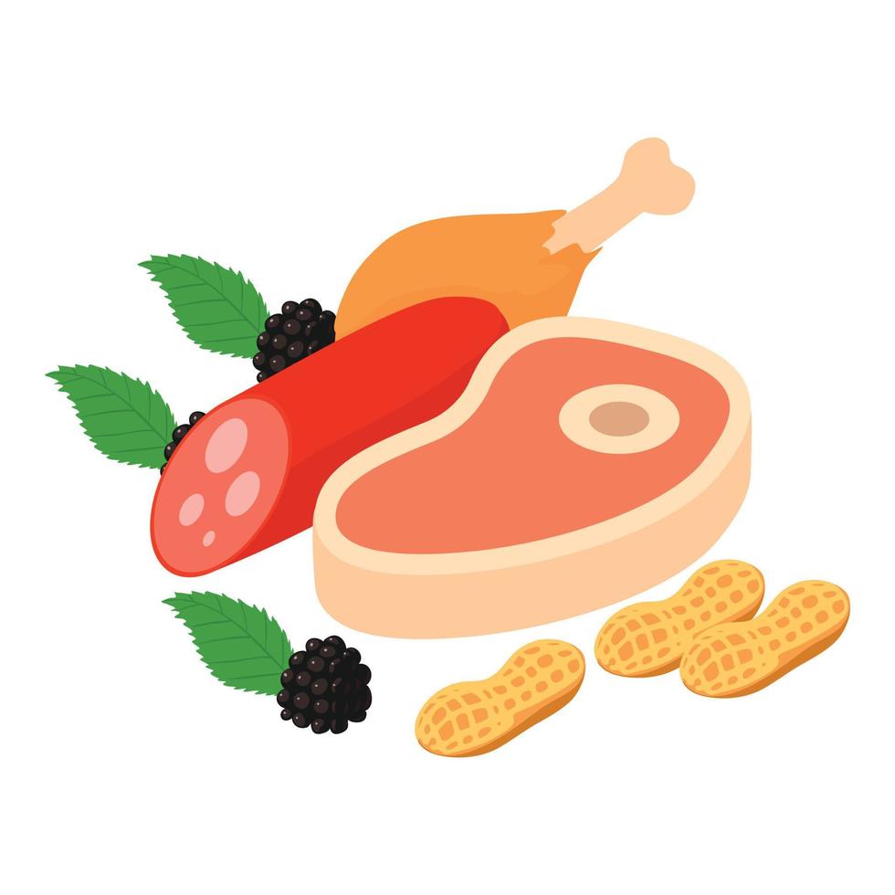 icono de comida de carne vector isométrico. palito de salchicha de pierna de pollo y lomo de res