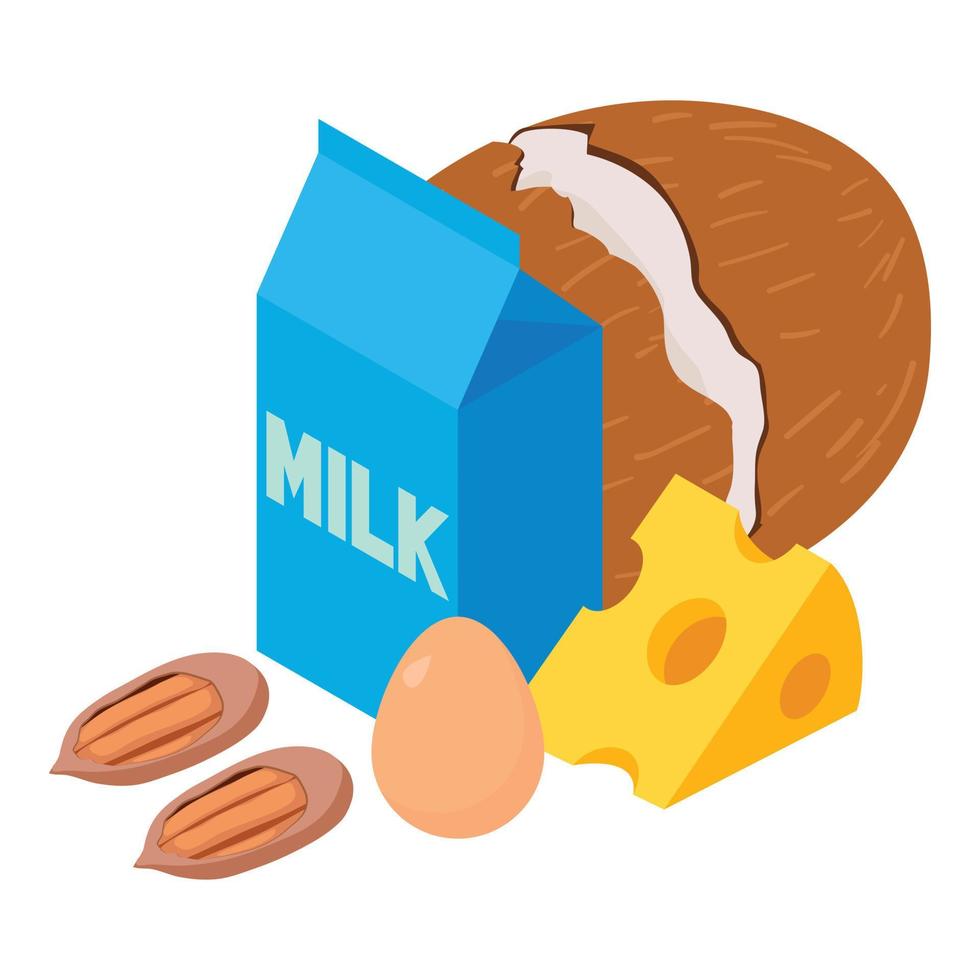 Protein food icon isometric vector. Package of milk piece cheese coconut and egg vector