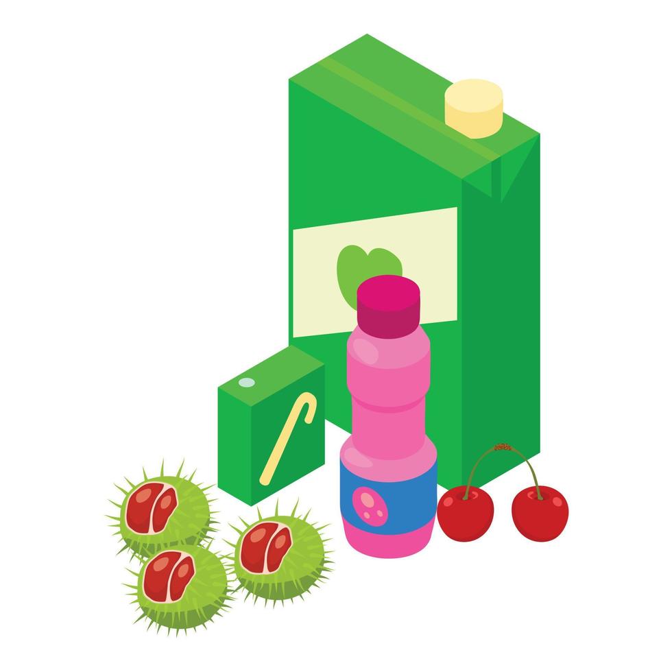 icono de comida empaquetada vector isométrico. envase de jugo natural y botella de yogur