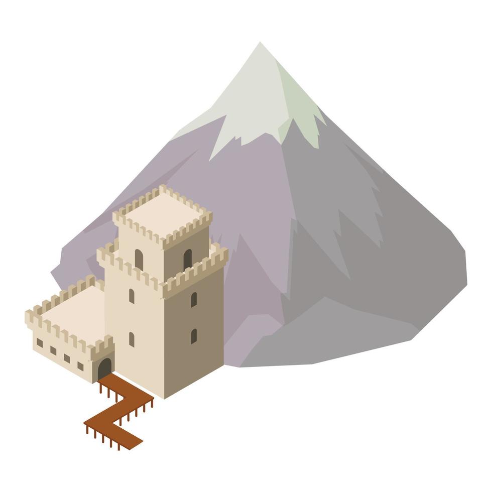 vector isométrico del icono del castillo de almourol. castillo portugués al pie de la montaña nevada