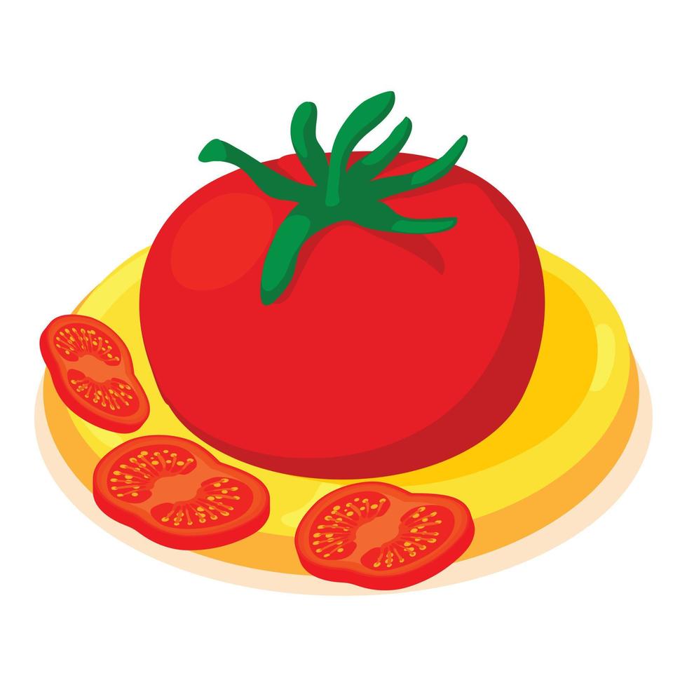 icono de pizza de tomate vector isométrico. pizza fresca con tomate en el icono de la placa de madera