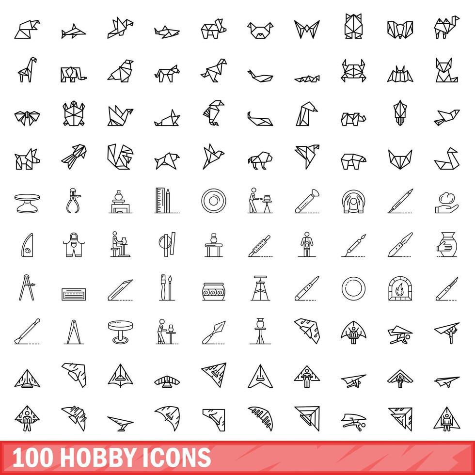 100 hobby icons set, outline style vector