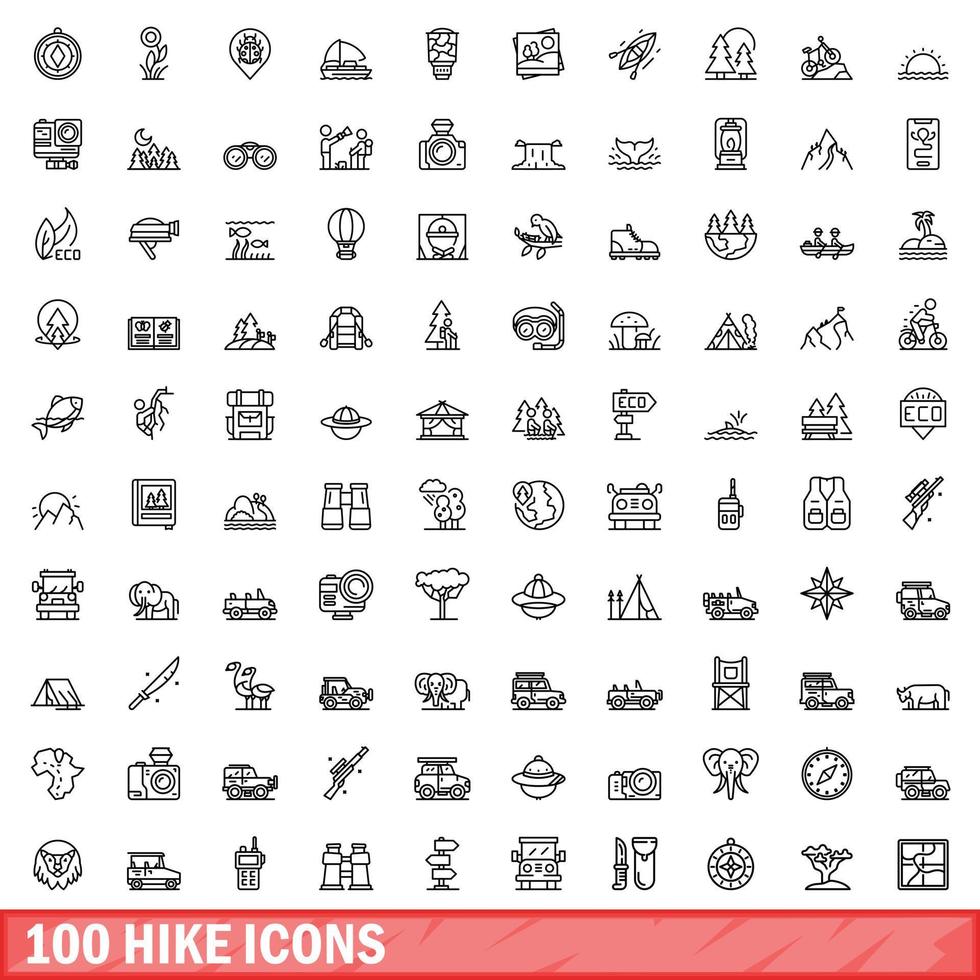 100 hike icons set, outline style vector