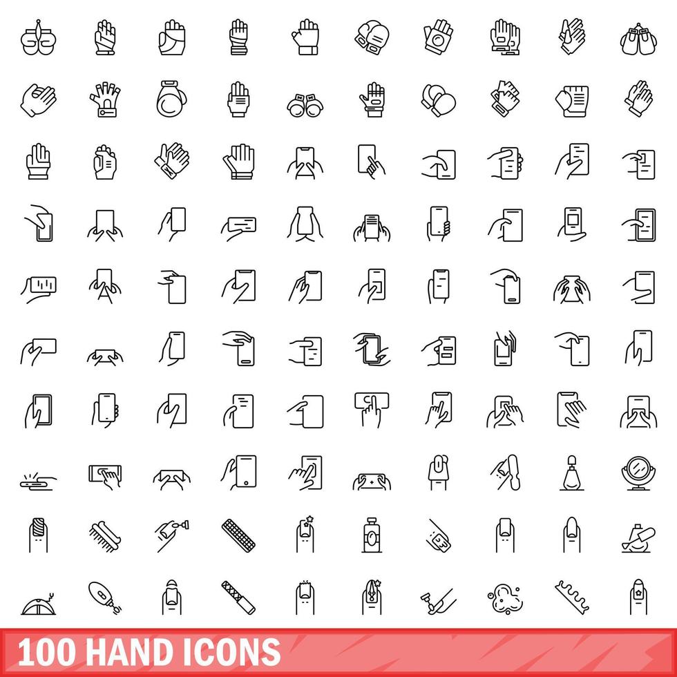 100 iconos de mano, estilo de esquema vector