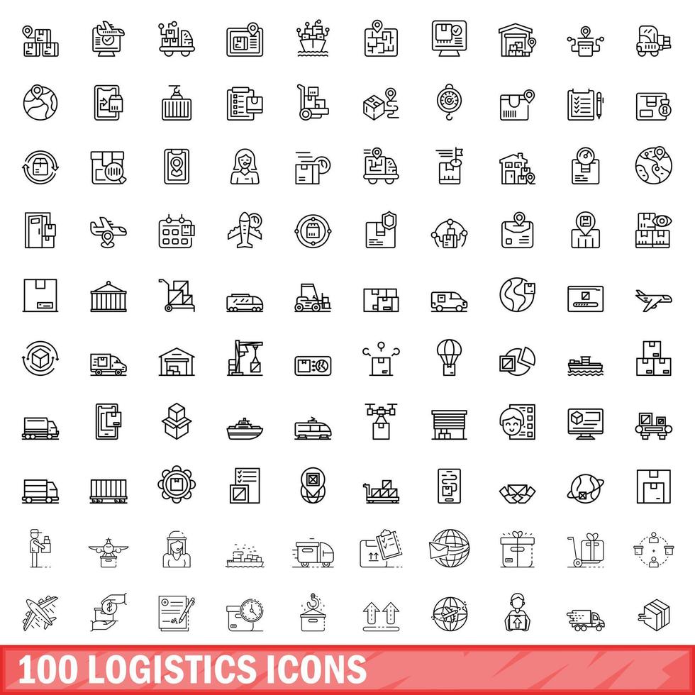 100 conjunto de iconos de logística, estilo de esquema vector