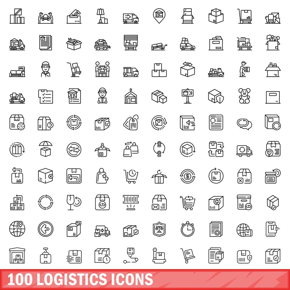 100 conjunto de iconos de logística, estilo de esquema vector