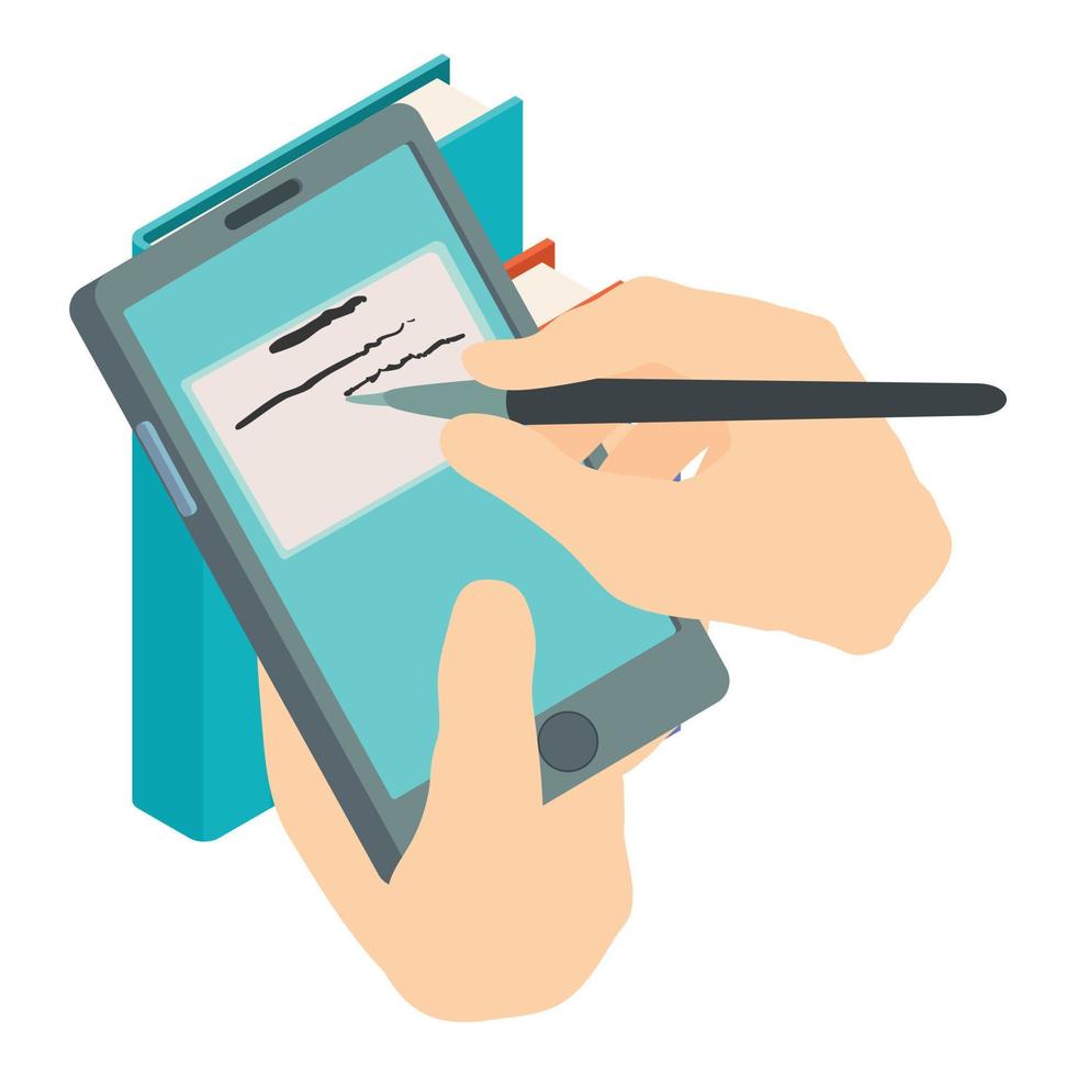 Mobile learning icon isometric vector. Human hand with touch pen smartphone book vector