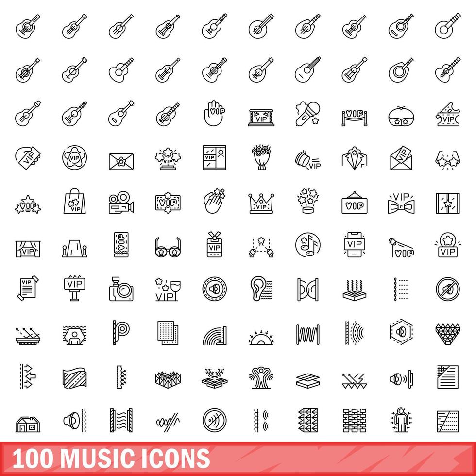 100 iconos de música, estilo de esquema vector