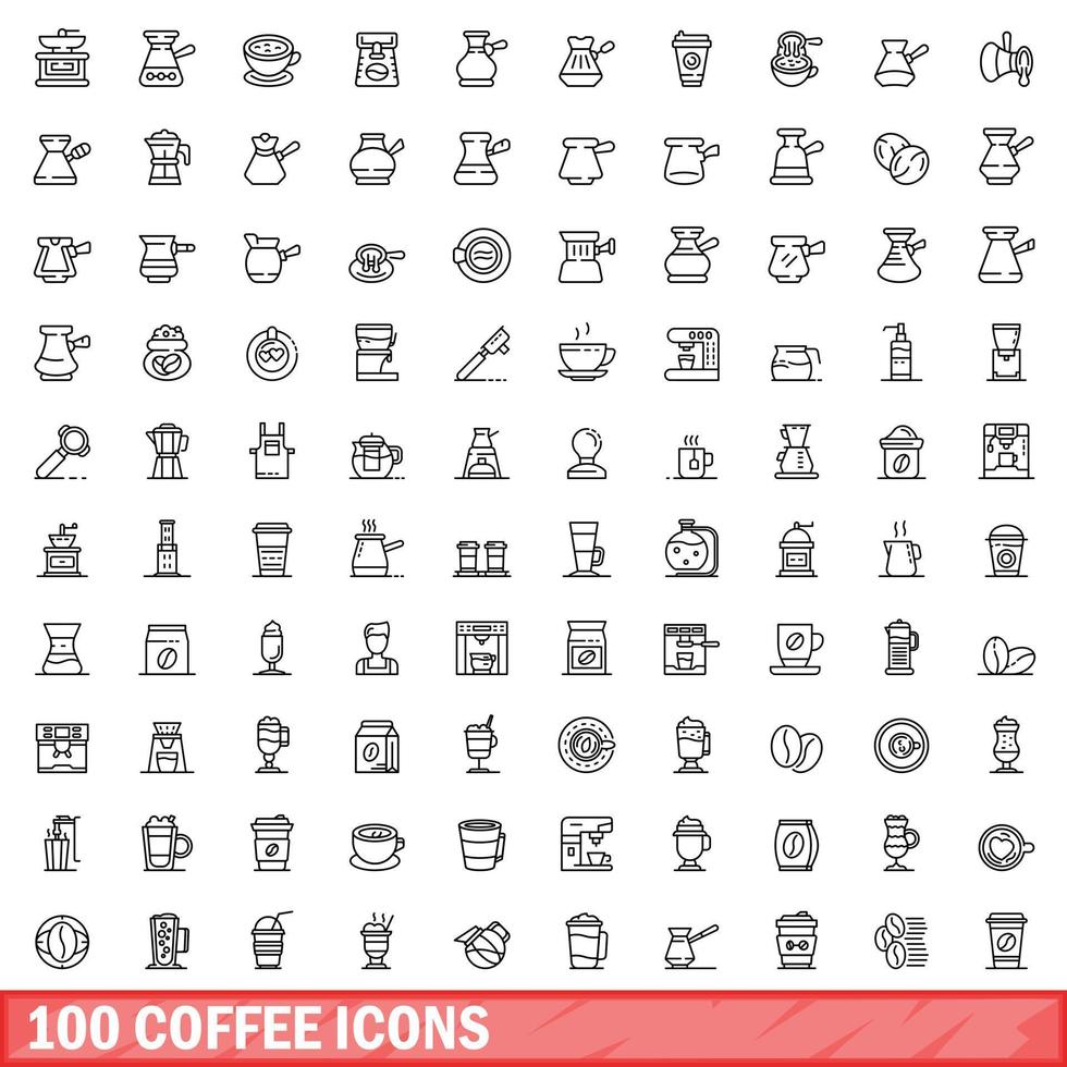 100 iconos de café, estilo de contorno vector