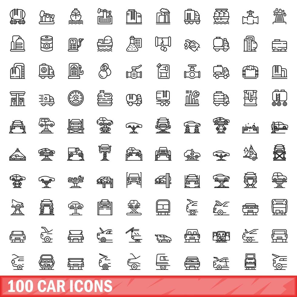 100 car icons set, outline style vector