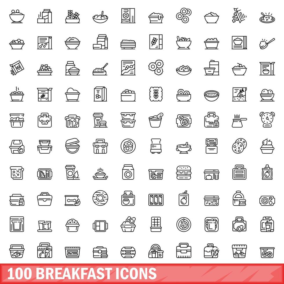 100 breakfast icons set, outline style vector