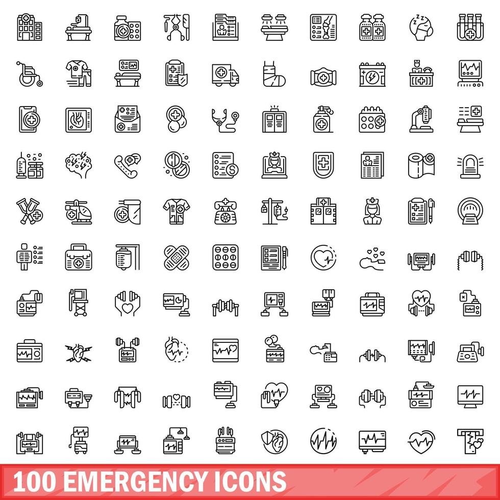 100 emergency icons set, outline style vector