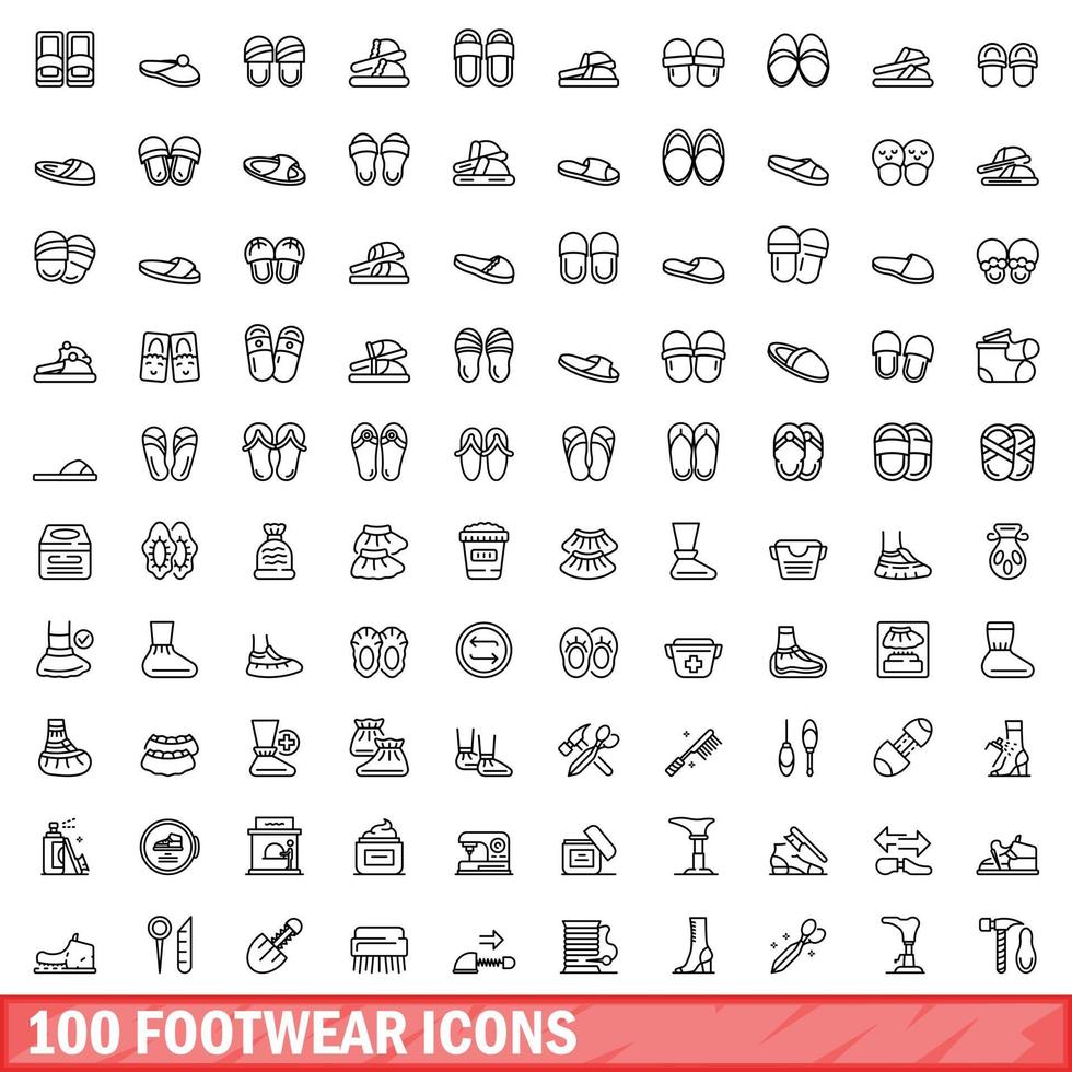 100 footwear icons set, outline style vector