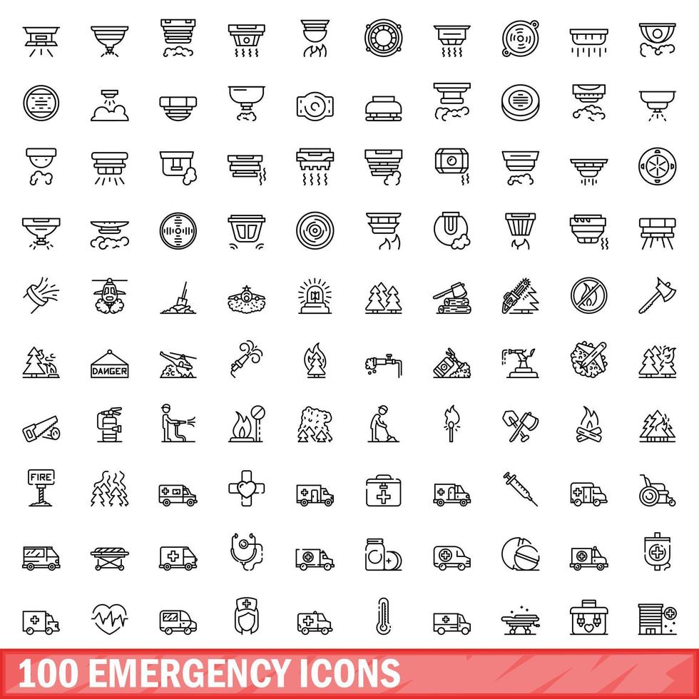 100 emergency icons set, outline style vector