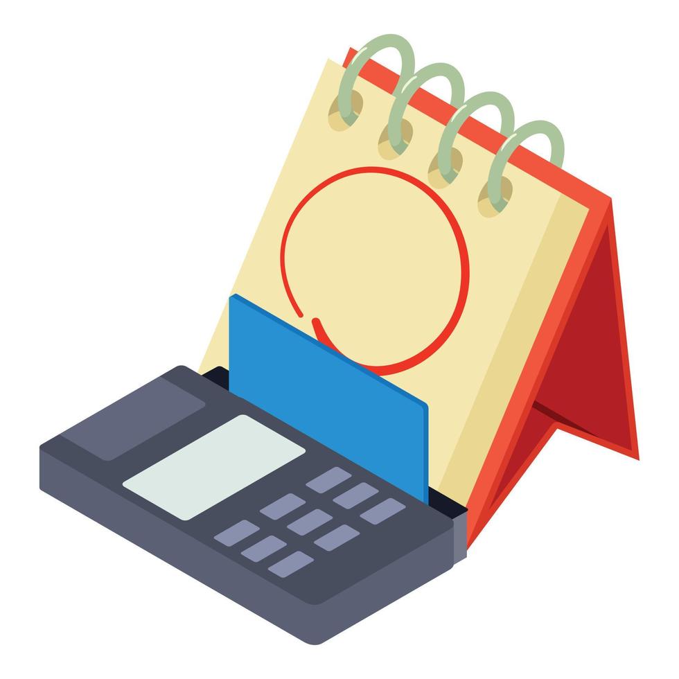 Debt repayment icon isometric vector. Credit card reader and flip calendar icon vector