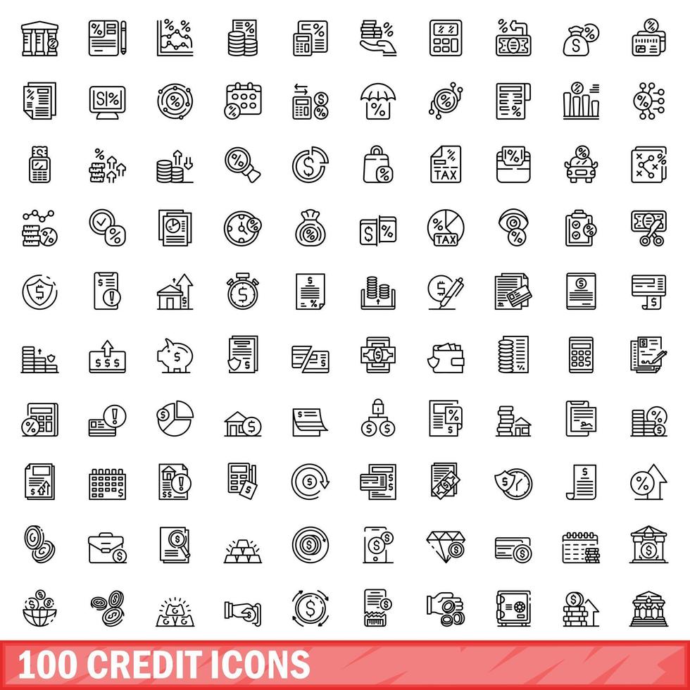 100 credit icons set, outline style vector