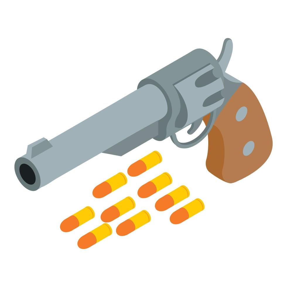 Wild western icon isometric vector. Realistic retro revolver and flying bullet vector