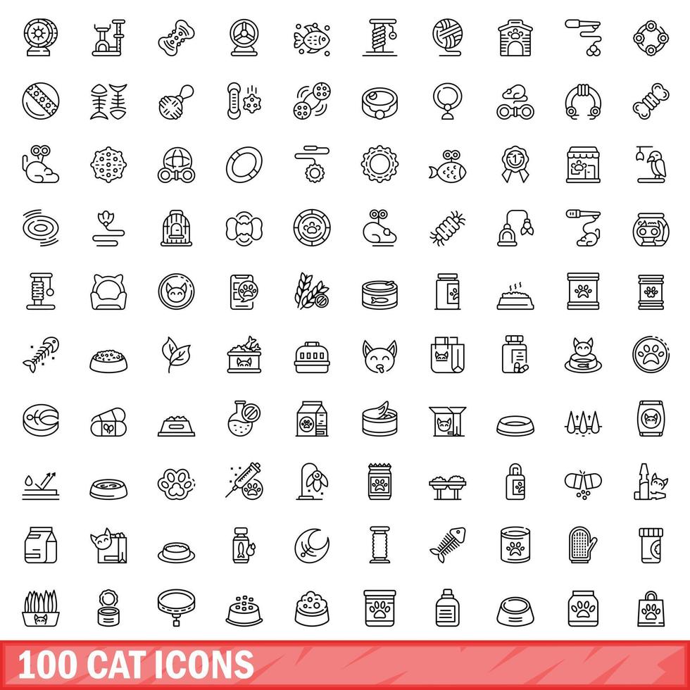 100 cat icons set, outline style vector