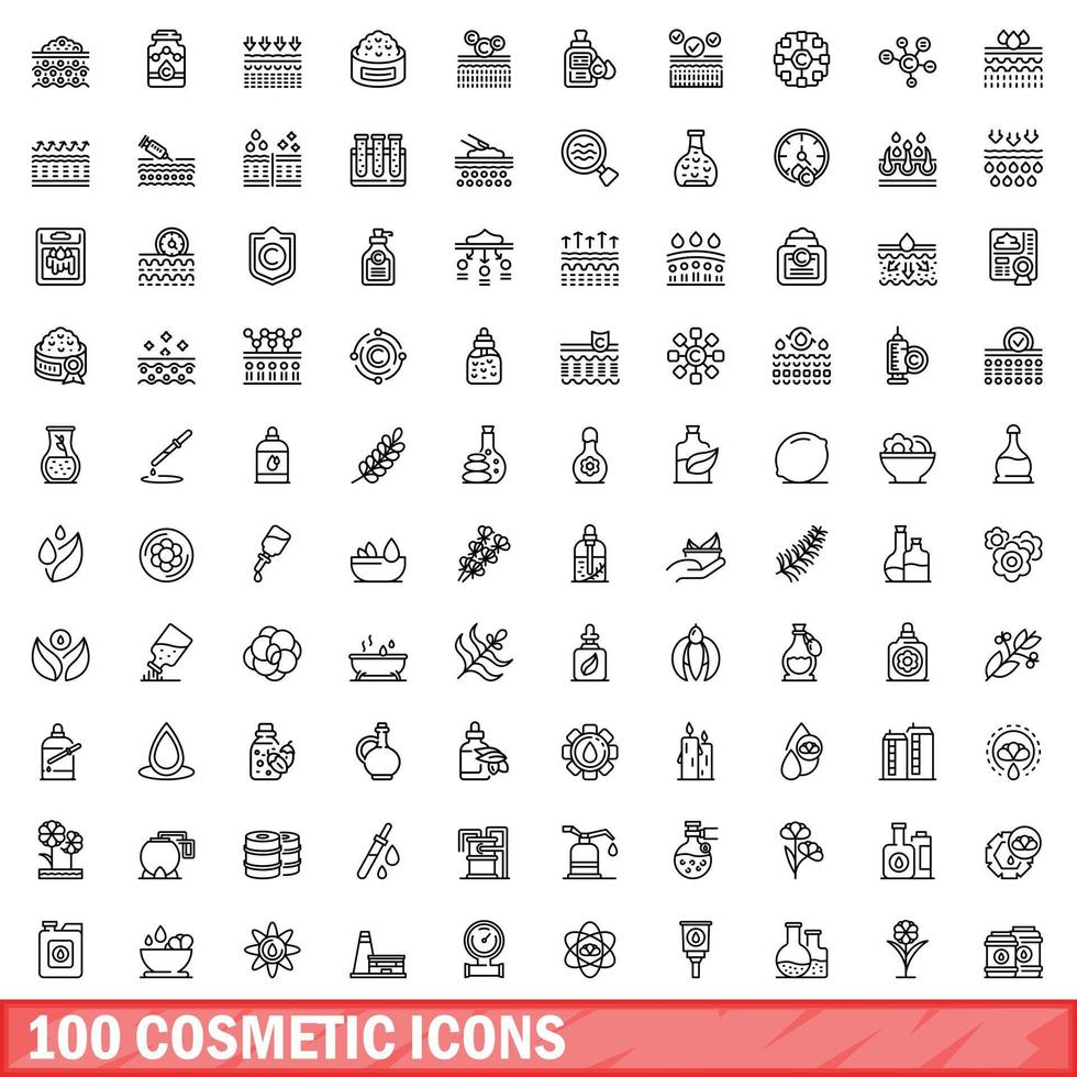 100 iconos cosméticos, estilo de contorno vector