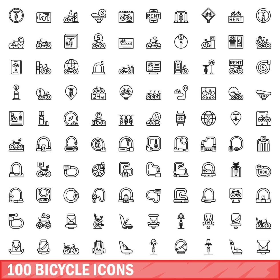 100 bicycle icons set, outline style vector