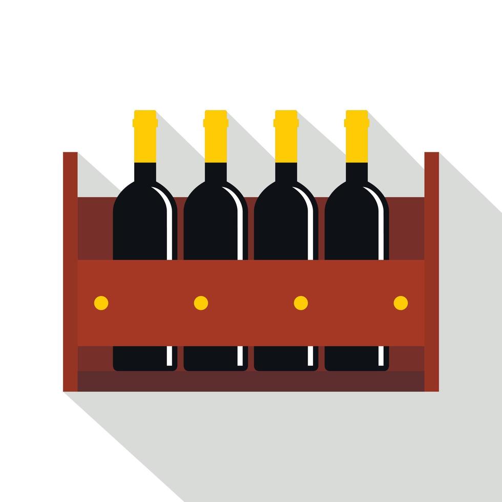 Wine bottles in a wooden crate icon, flat style vector