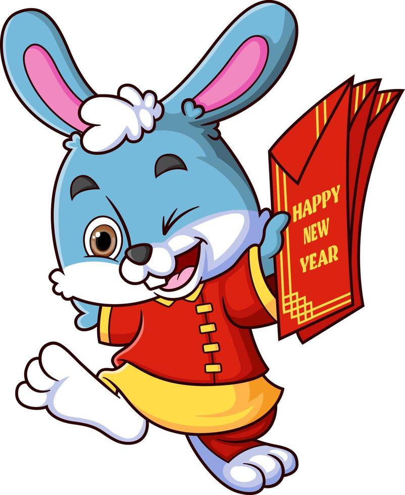 Funny rabbit wearing red clothes chinese traditional and carrying red envelope vector