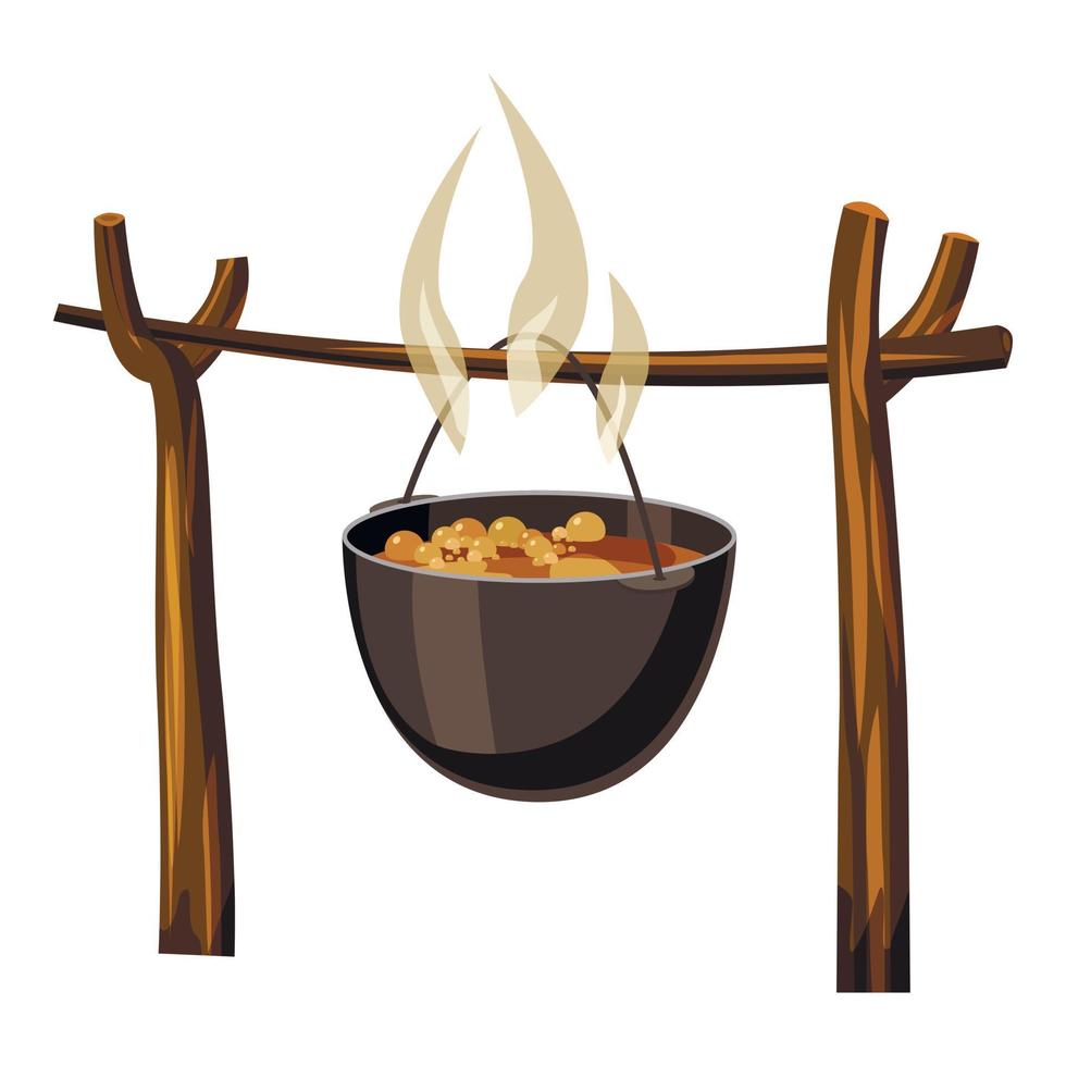 Soup on camp fire icon, cartoon style vector