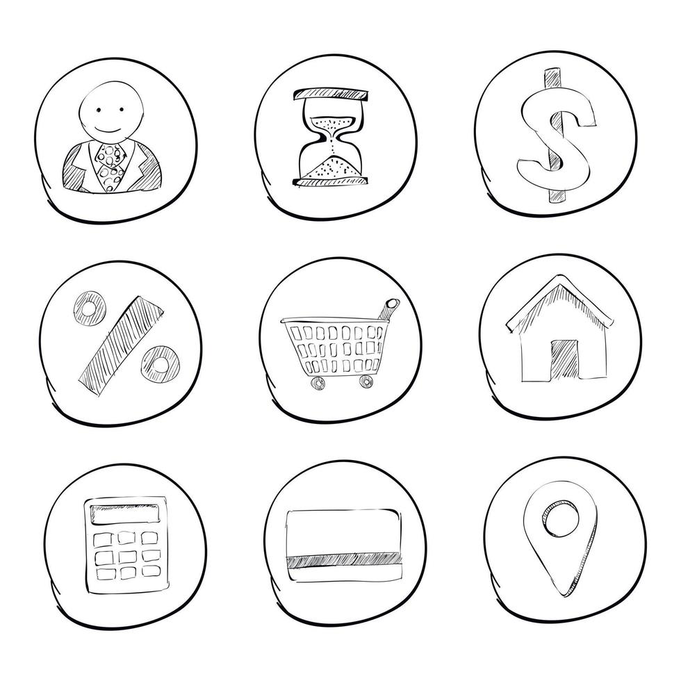 Shop icons set, hand drawn style vector