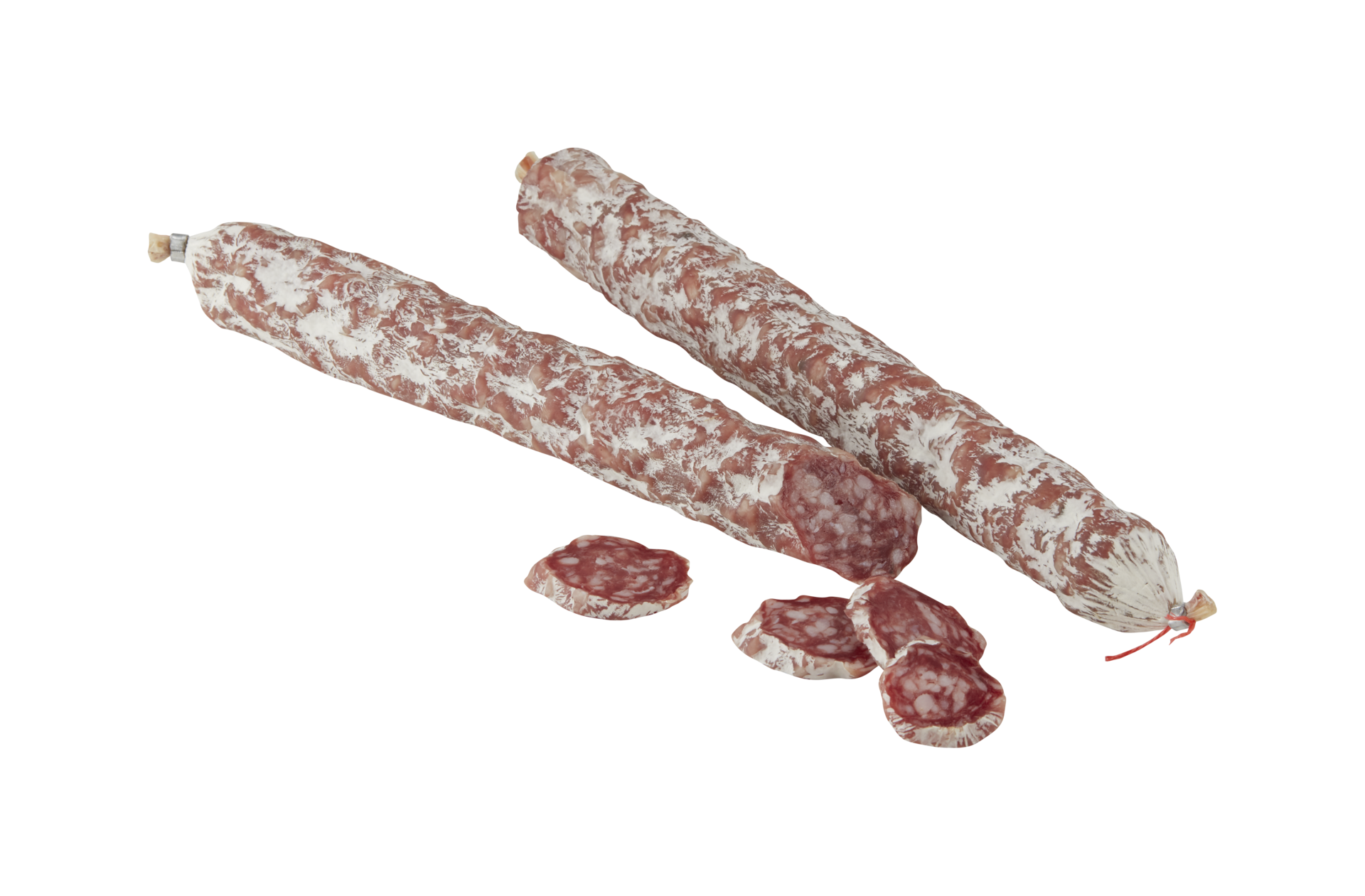Free salchicha de salami curado con corte aislado sobre fondo