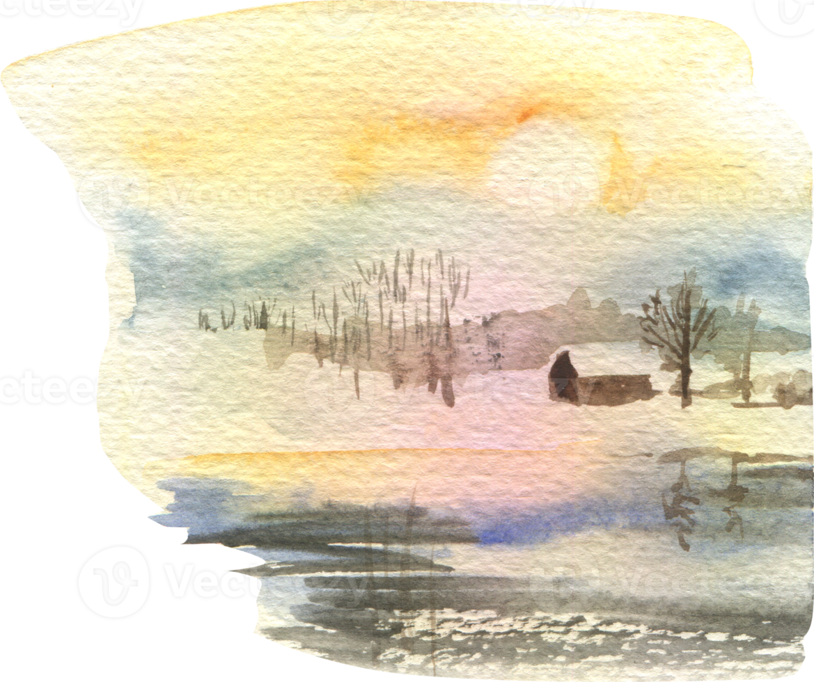 Watercolor illustration of a warm winter forest with a smoke coming out of a house png