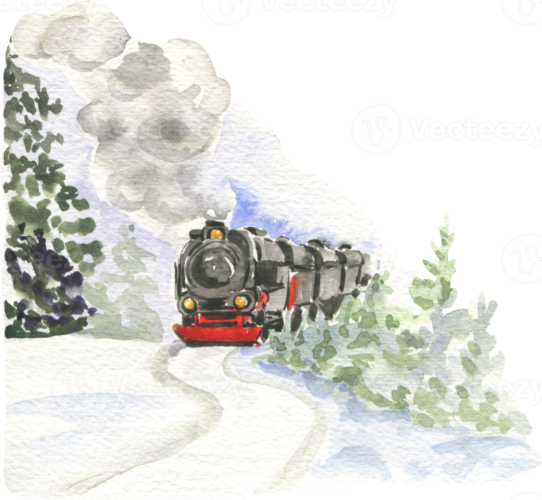 Watercolor illustration of a winter landscape with a steam locomotive on a railway png