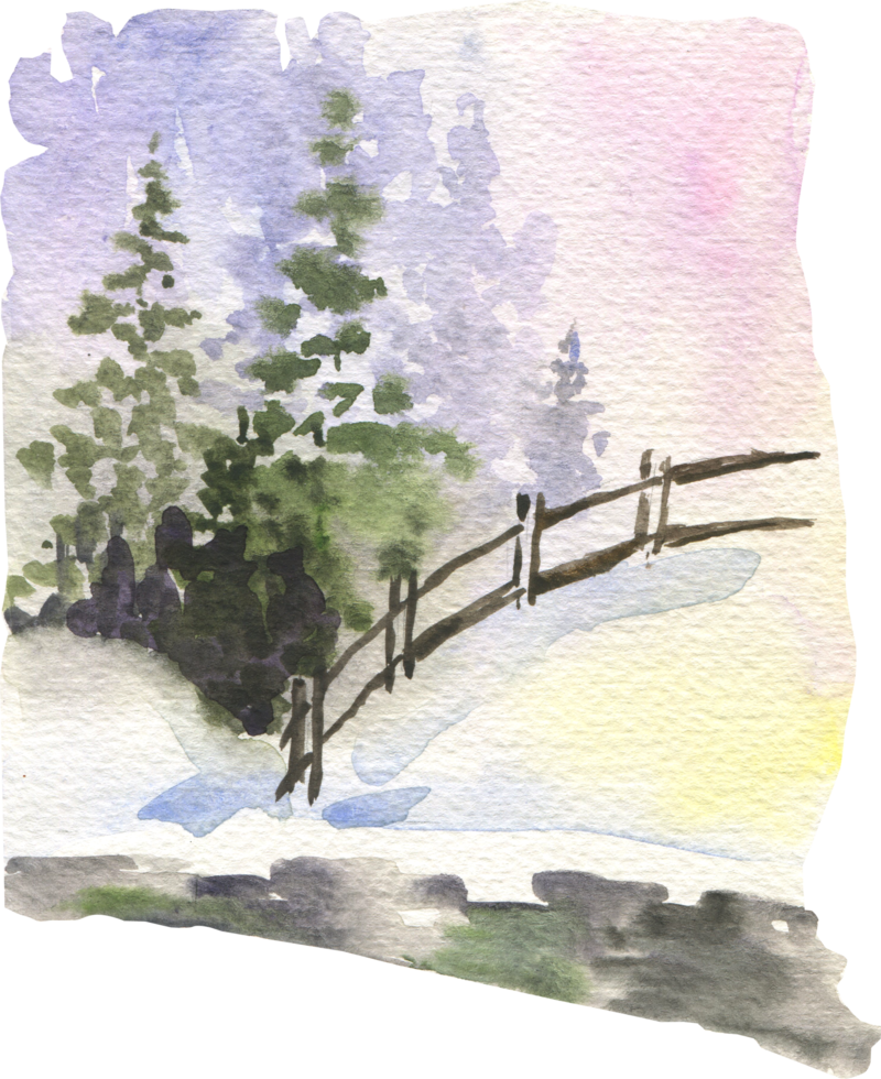 Watercolor winter landscape country in forest with fence png