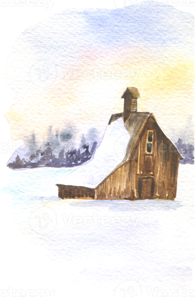 Watercolor illustration of an old house in a snowy forest png