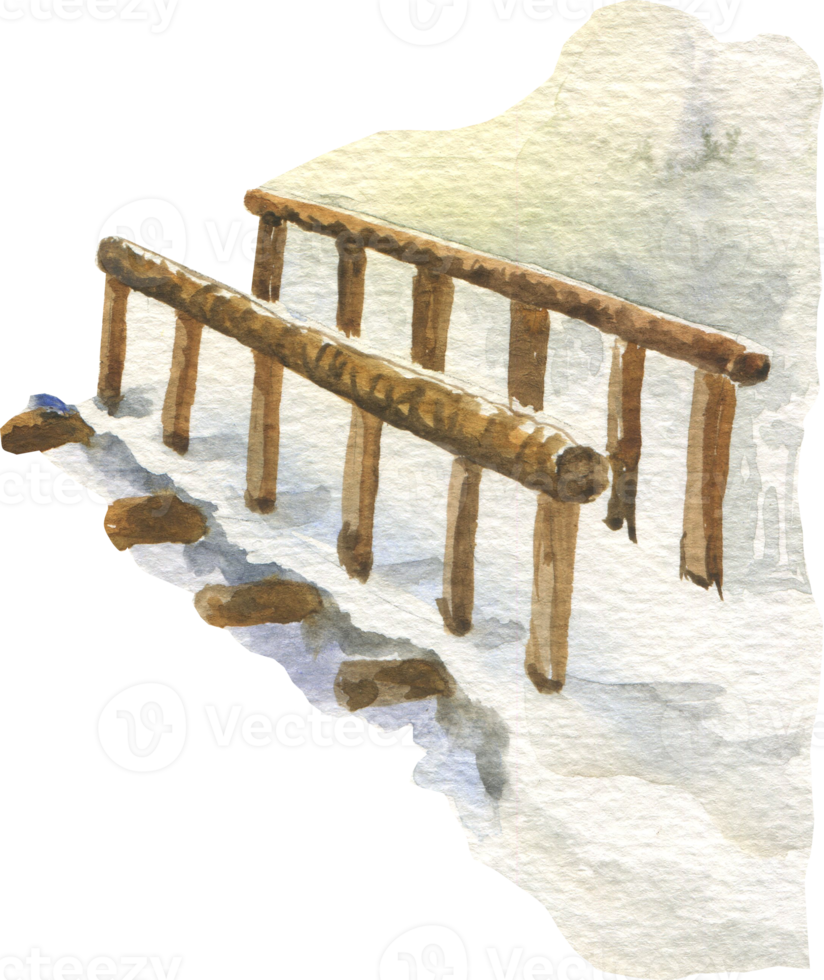 illustration à l'aquarelle d'un paysage d'hiver avec un pont en bois png