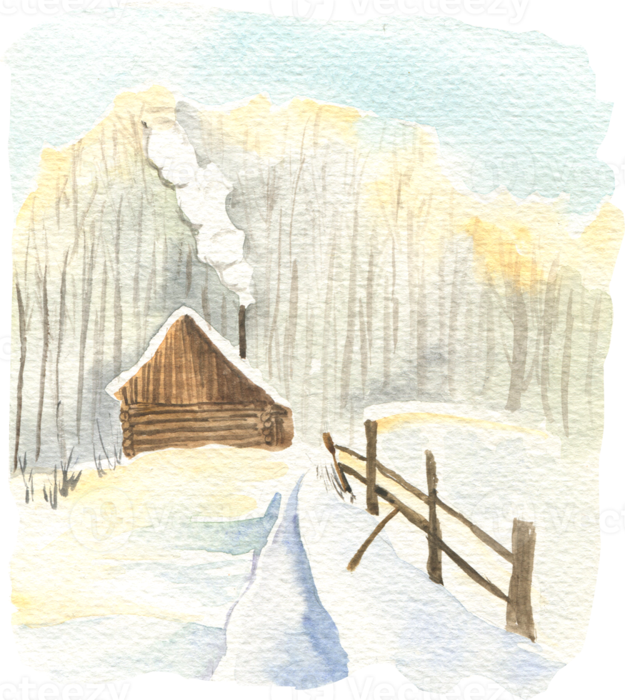 Watercolor winter landscape fairy tale house in the forest with tree png