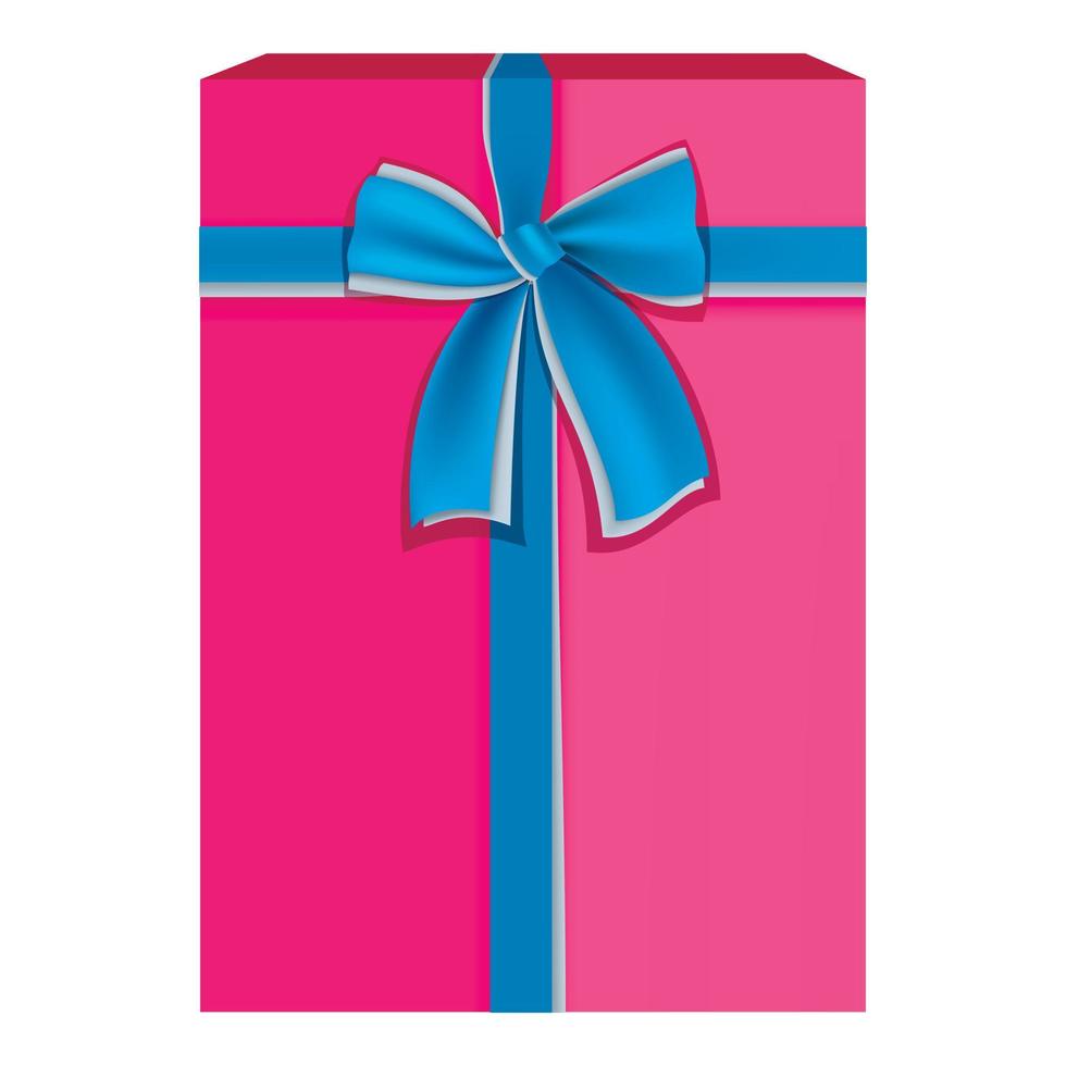 Pink gift box with blue ribbon icon, flat style vector