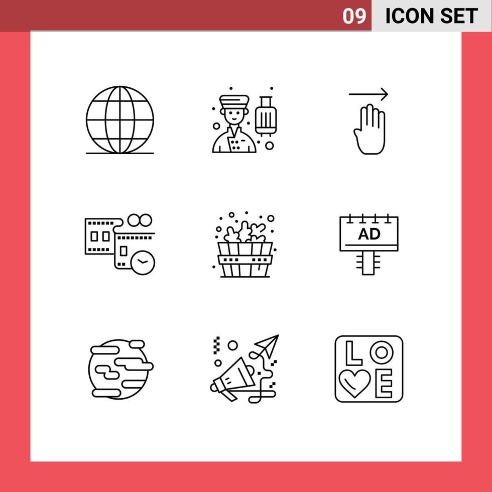 Universal Icon Symbols Group of 9 Modern Outlines of bathhouse movie reel service film stip right Editable Vector Design Elements