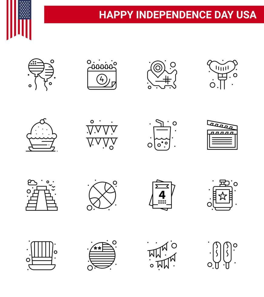 4th July USA Happy Independence Day Icon Symbols Group of 16 Modern Lines of dessert sausage map frankfurter location pin Editable USA Day Vector Design Elements