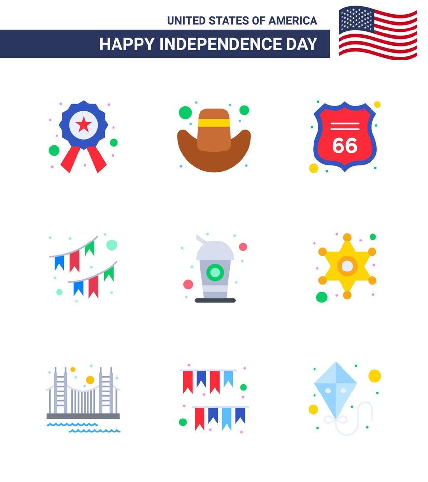 Flat Pack of 9 USA Independence Day Symbols of cola garland shield party buntings Editable USA Day Vector Design Elements